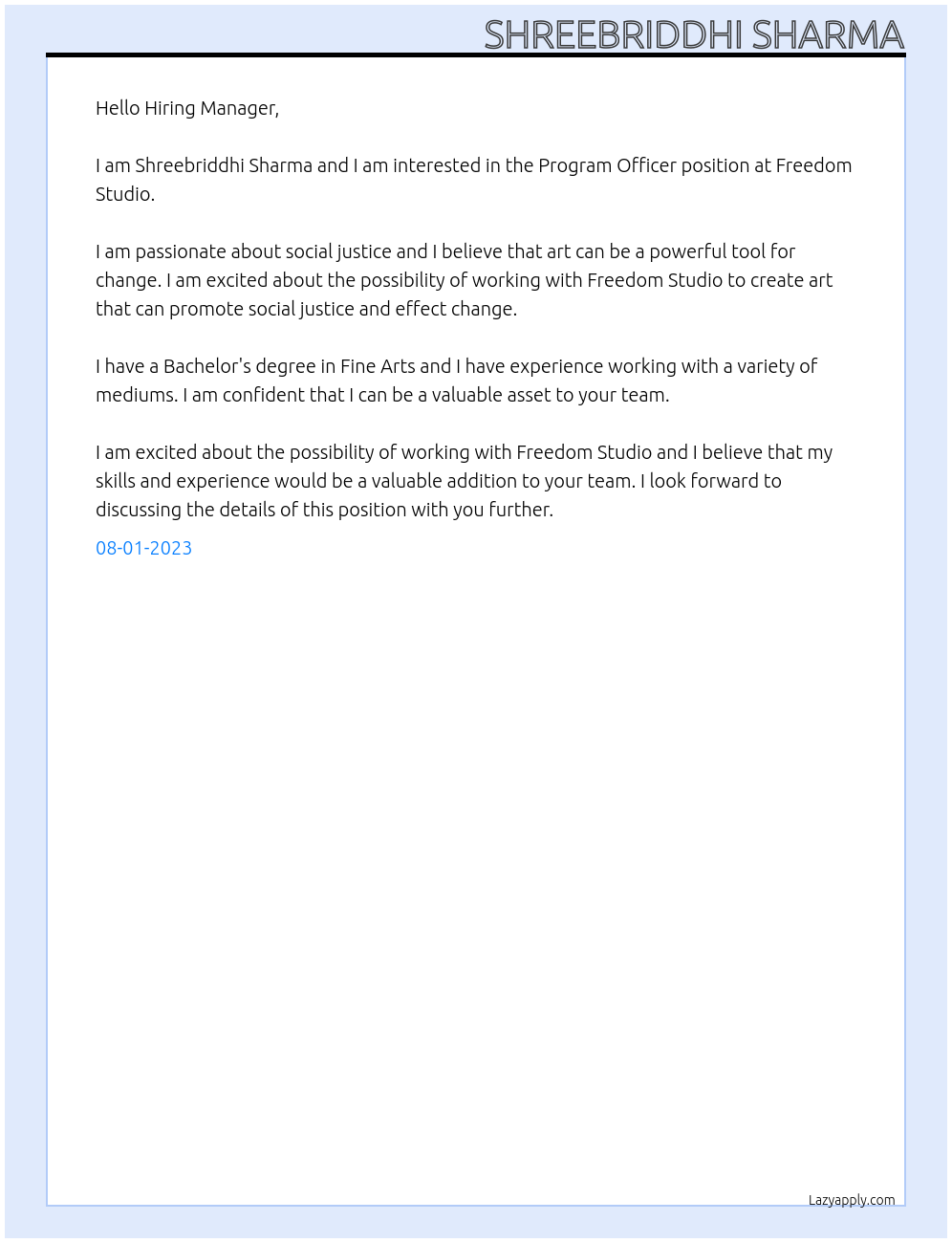 Program officer At Freedom Studio Cover Letter