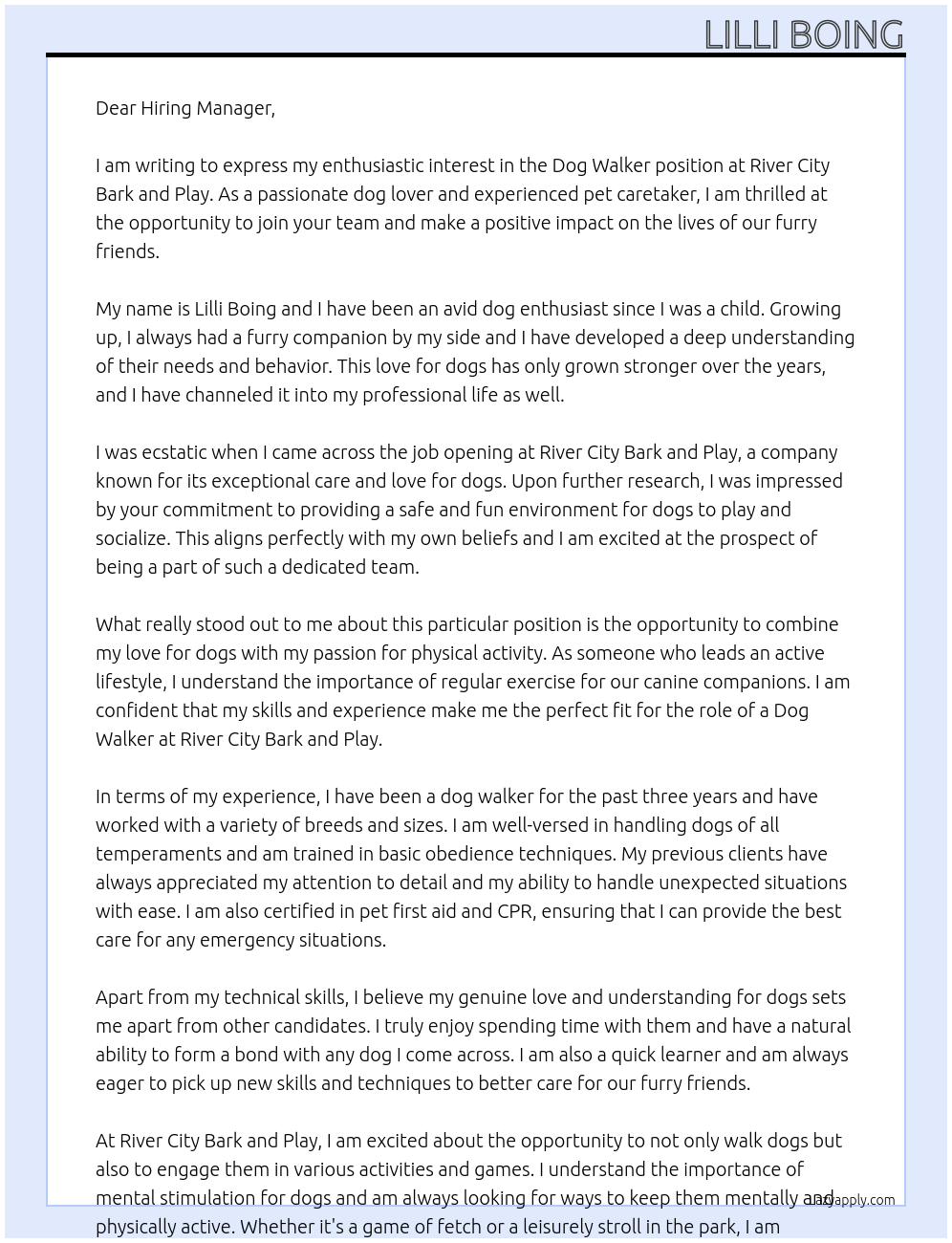 Dog walker At River City Bark and Play Cover Letter