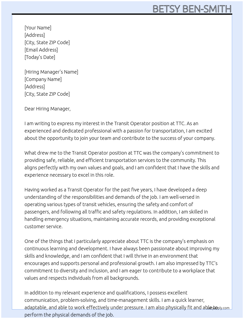 Transit Operator At TTC Cover Letter