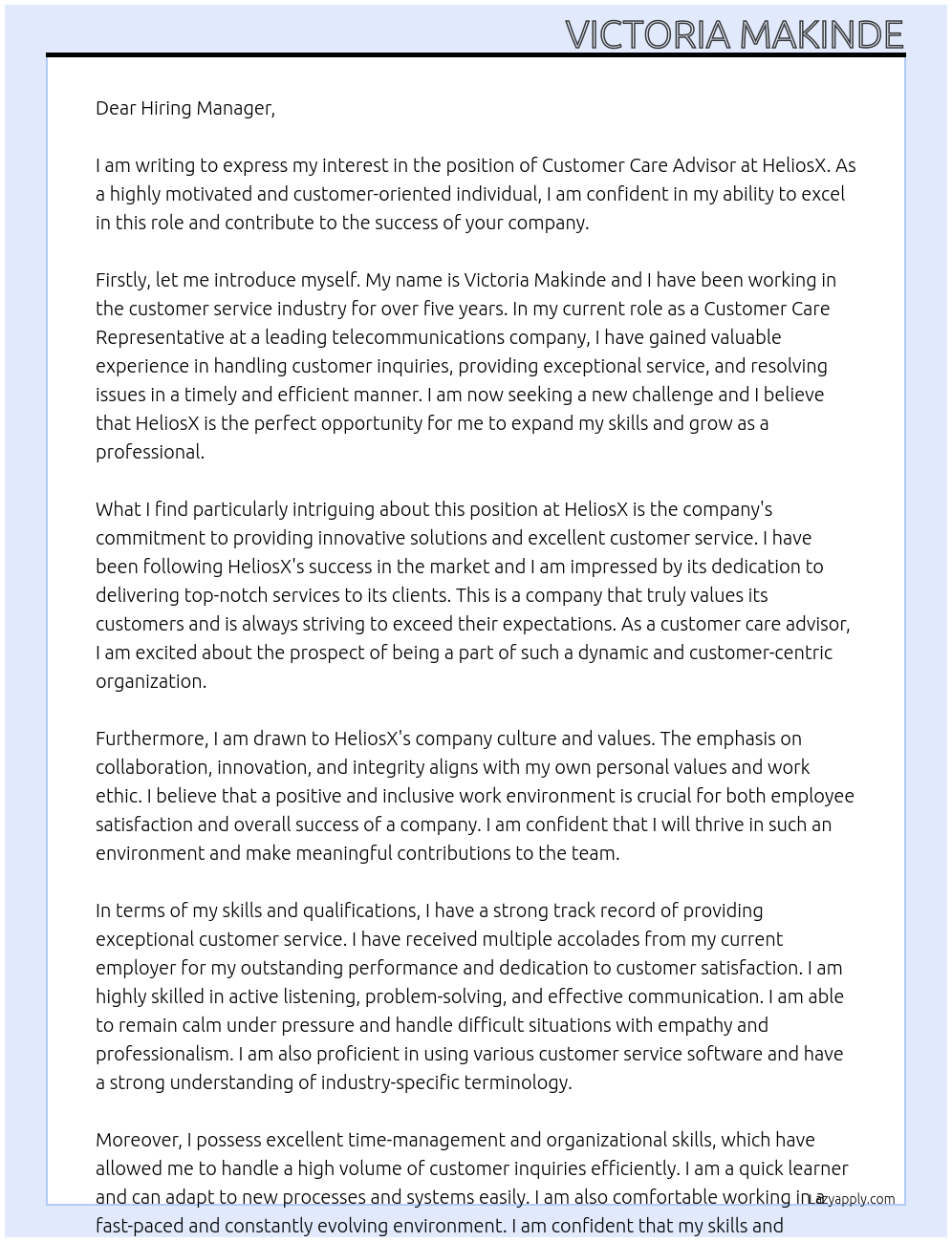 Customer Care Advisor At HeliosX Cover Letter
