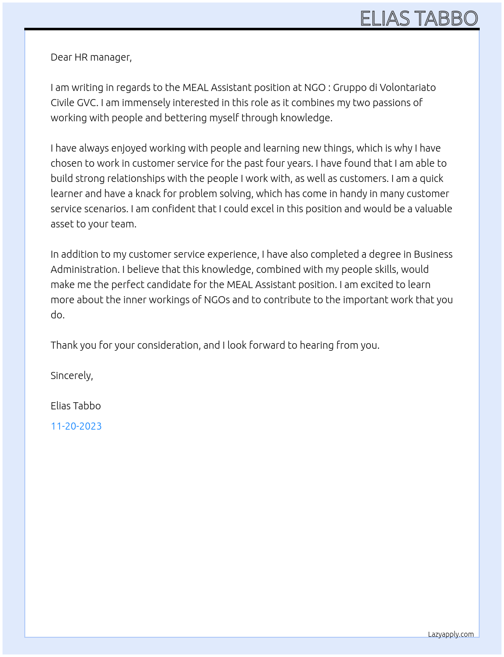 MEAL Assistant At NGO : Gruppo di Volontariato Civile GVC Cover Letter