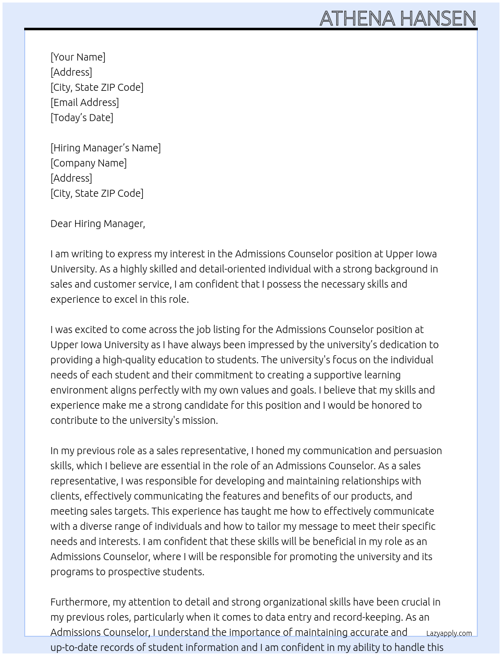Admissions Counselor At Upper Iowa University Cover Letter