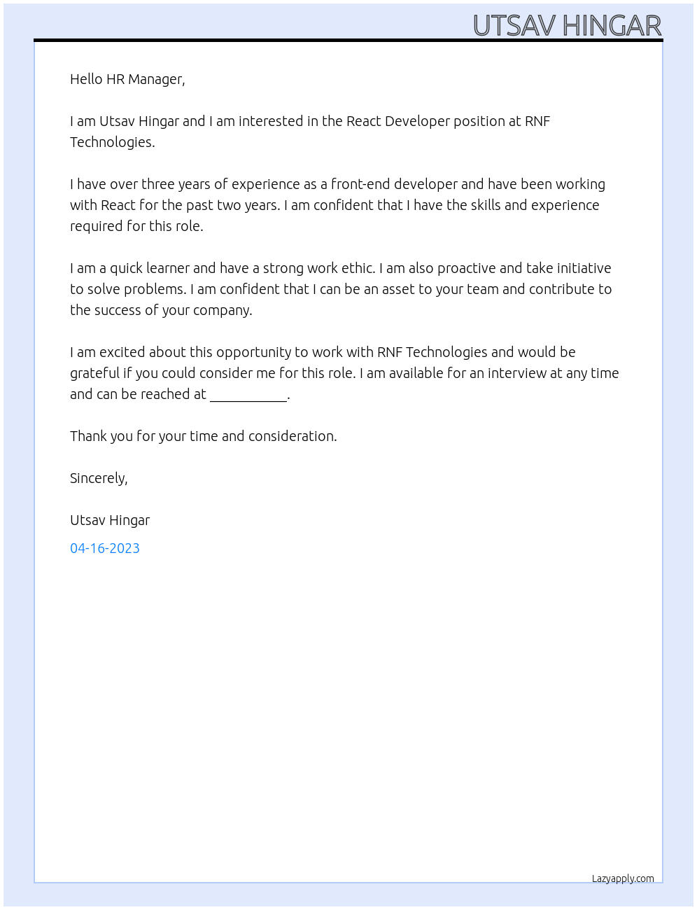 React Developer At RNF Technologies Cover Letter
