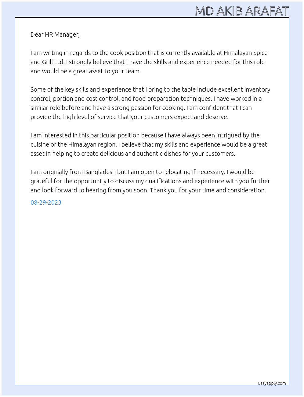 Cook At Himalayan Spice and Grill Ltd Cover Letter