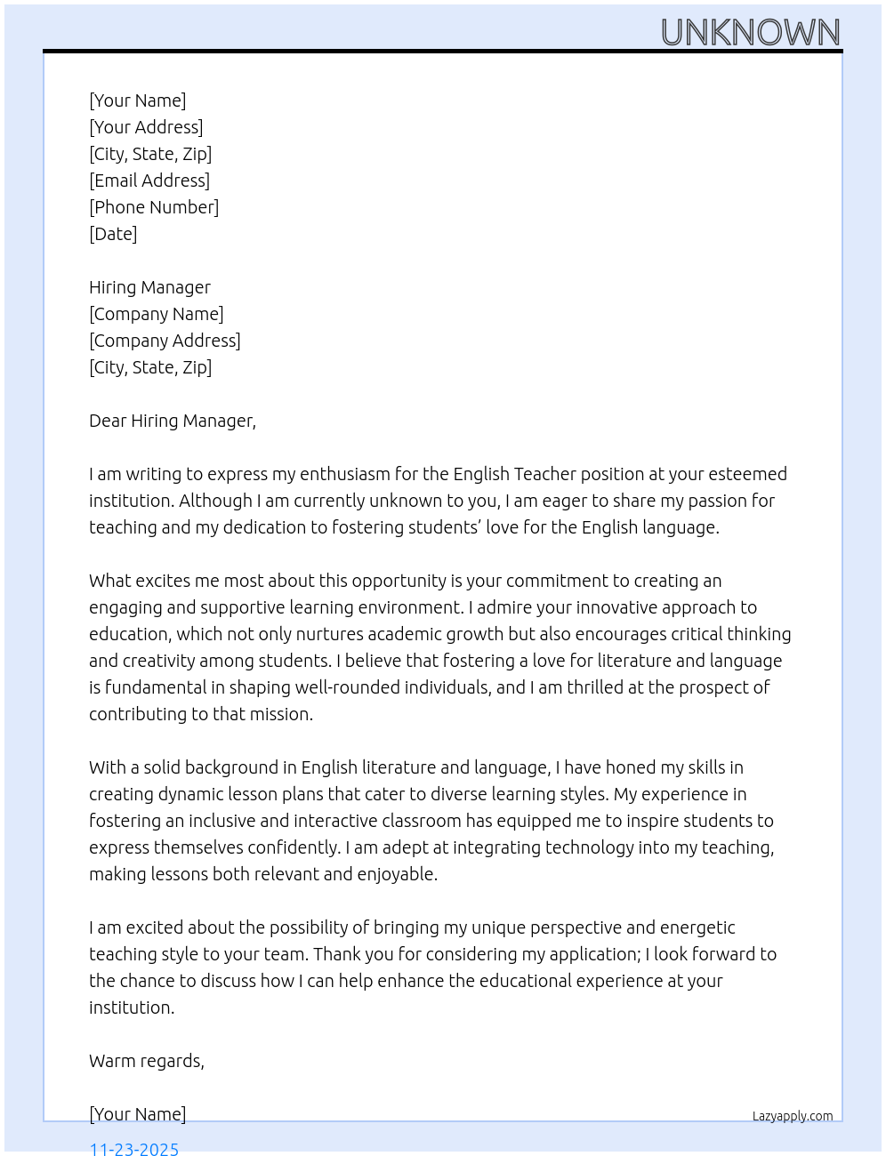 English Teacher At Unknown Cover Letter