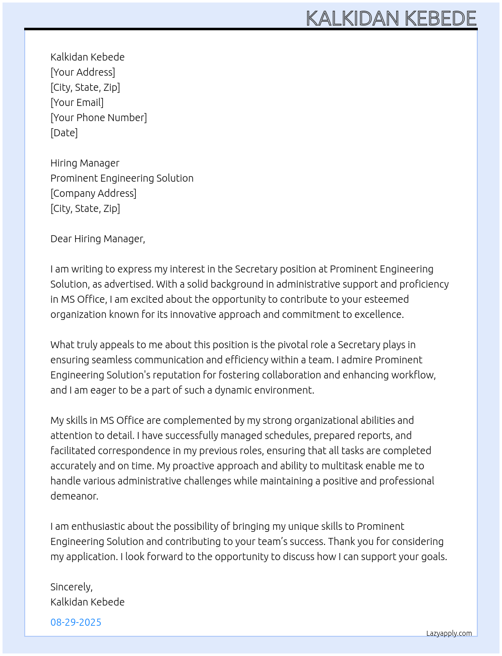 Secretary At Prominent Engineering Solution Cover Letter