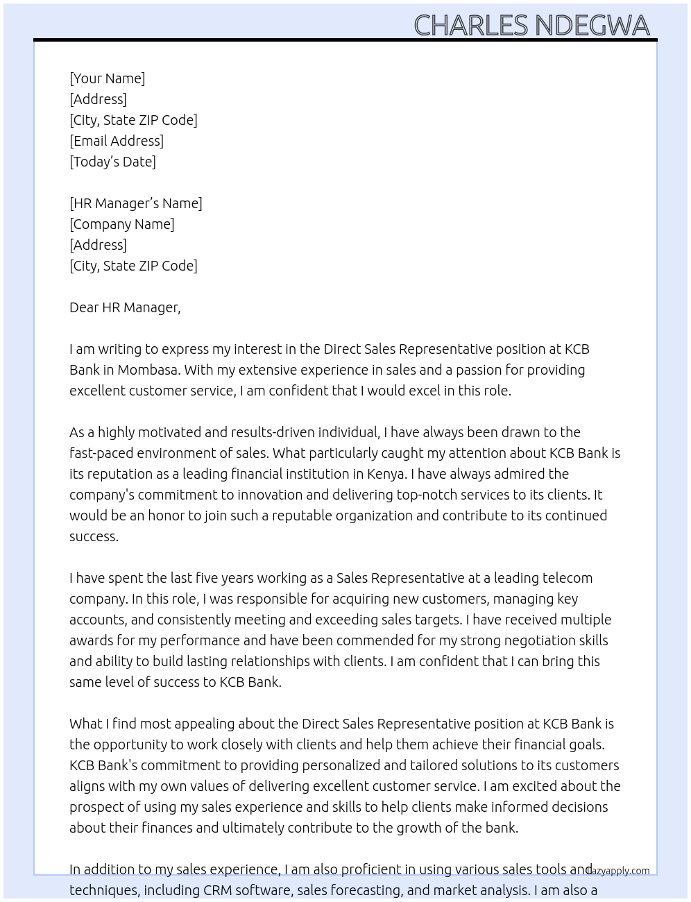 direct sales Representative At KCB BANK Cover Letter