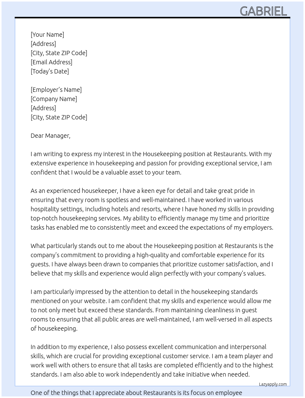 Housekeeping At Restaurants Cover Letter