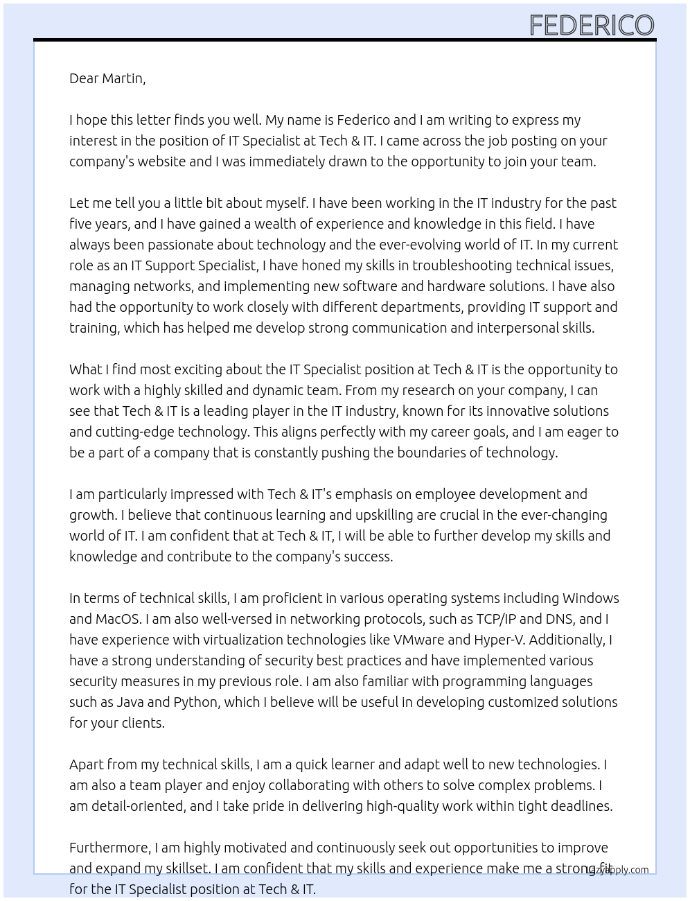 IT Specialist At Tech & IT Cover Letter