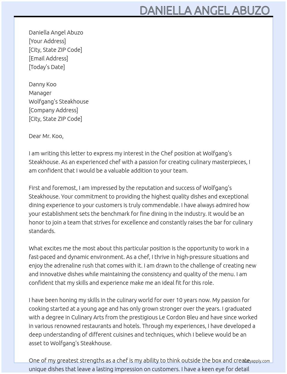 Chef At Wolfgang's steakhouse Cover Letter