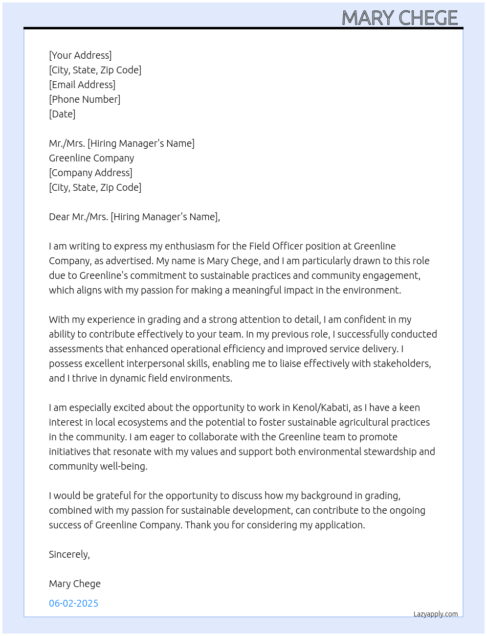 Field officer At Greenline company Cover Letter