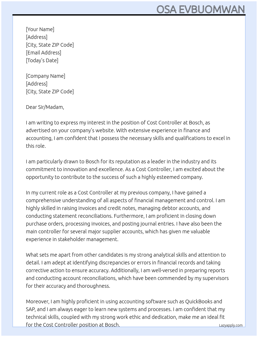 Cost Controller At Bosch Cover Letter