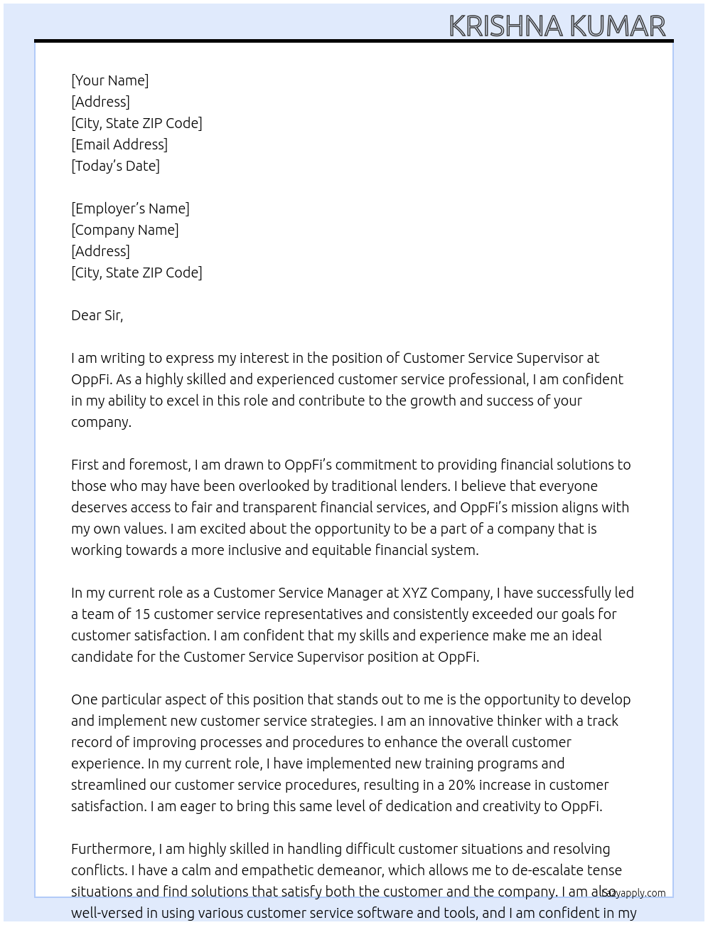 Customer service supervisor At OppFi Cover Letter