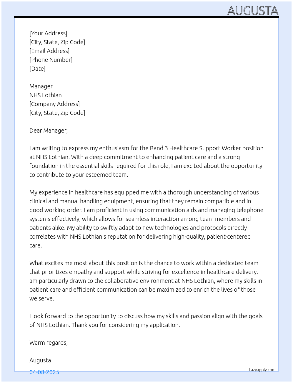 Band 3 healthcare support worker At NHS Lothian  Cover Letter