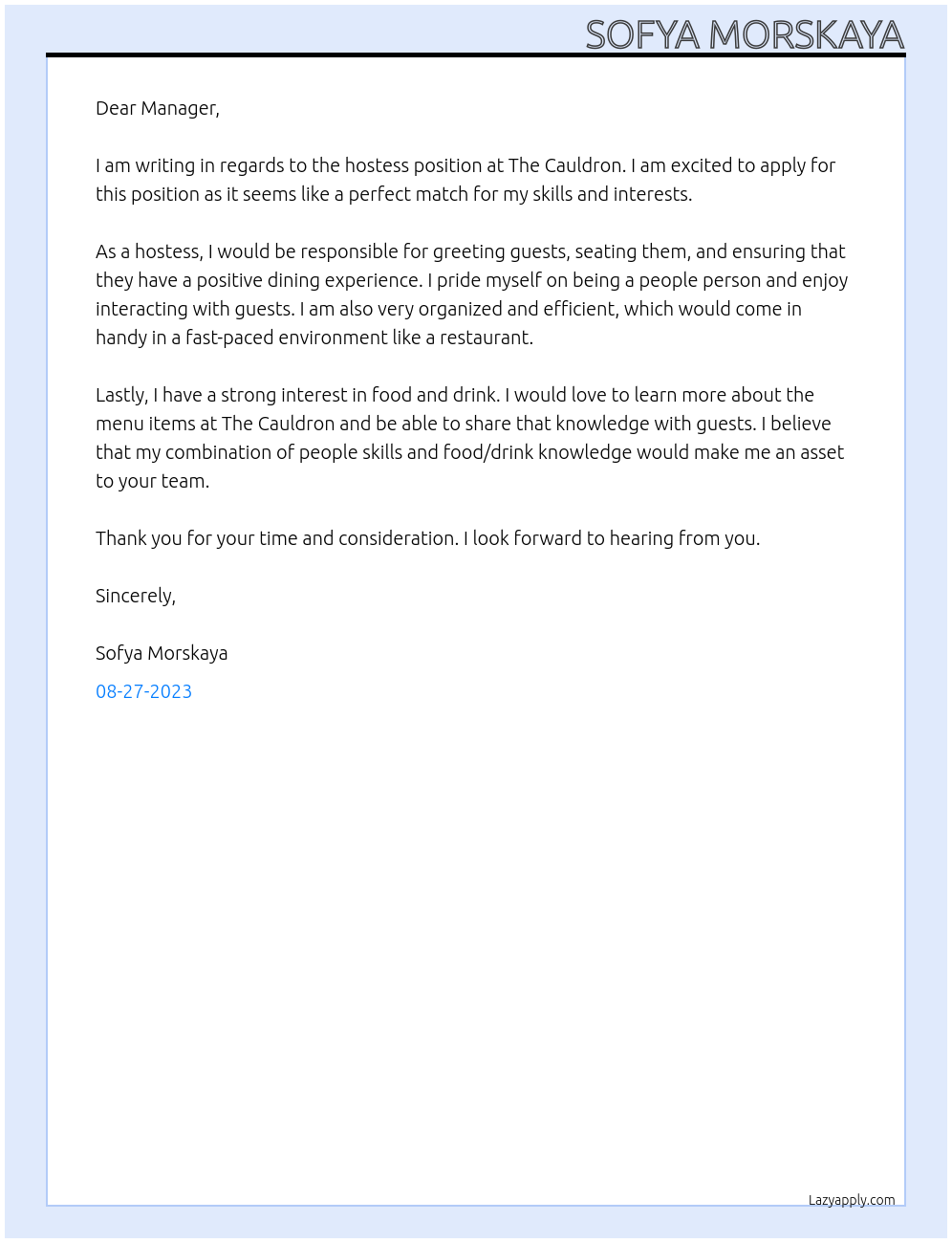 Hostess At The Cauldron Cover Letter