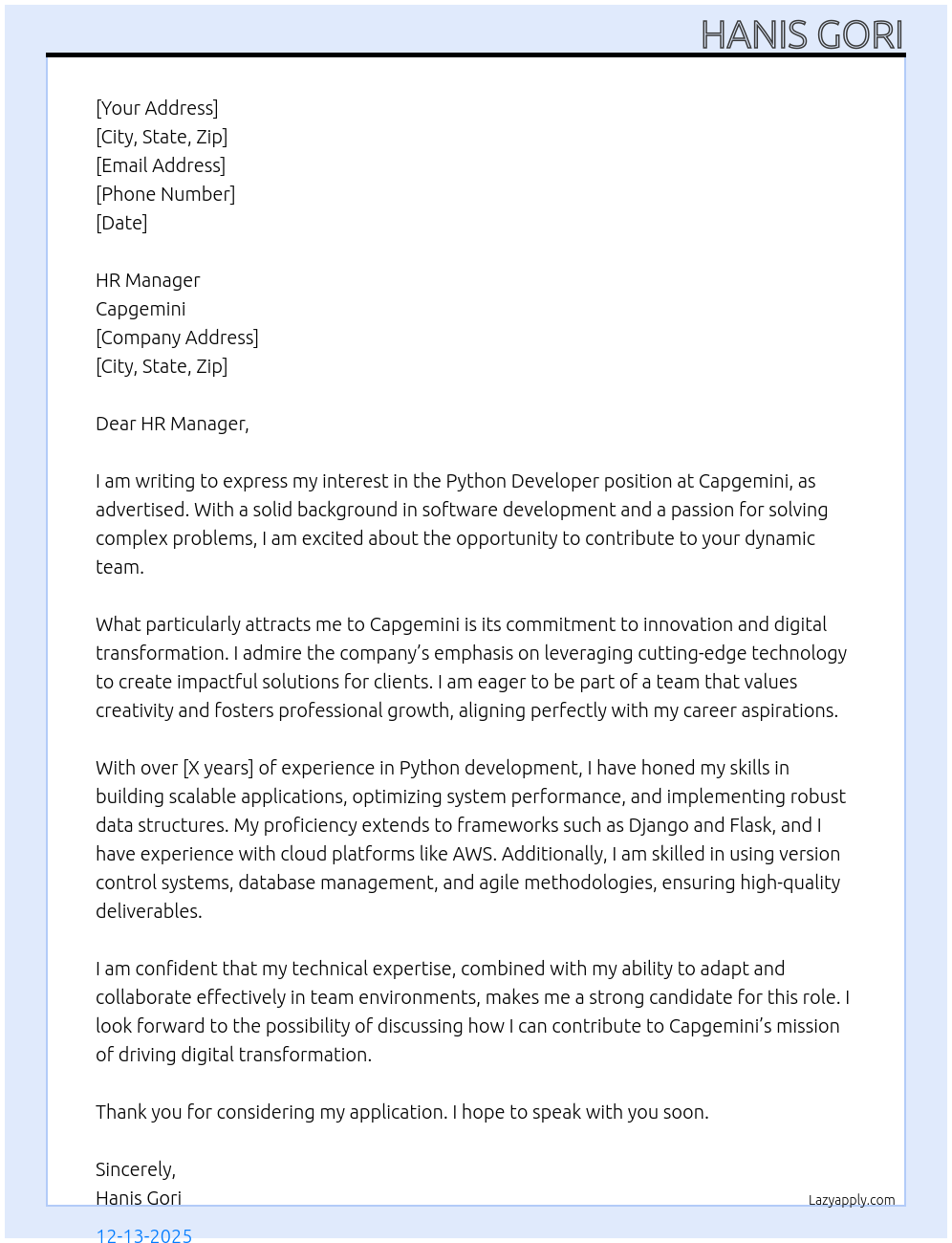 phython developer At capegemini Cover Letter