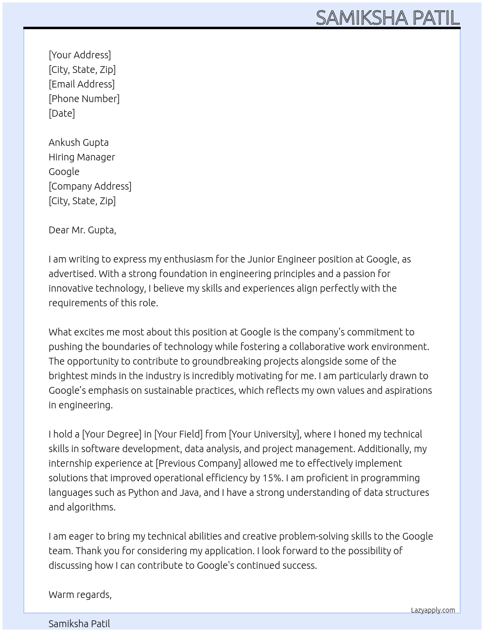 Junior engineer At Google Cover Letter