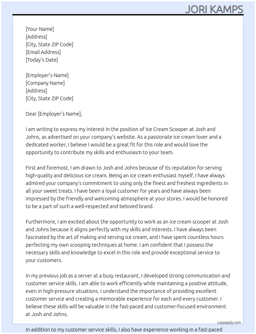 ice cream scooper At josh and johns Cover Letter