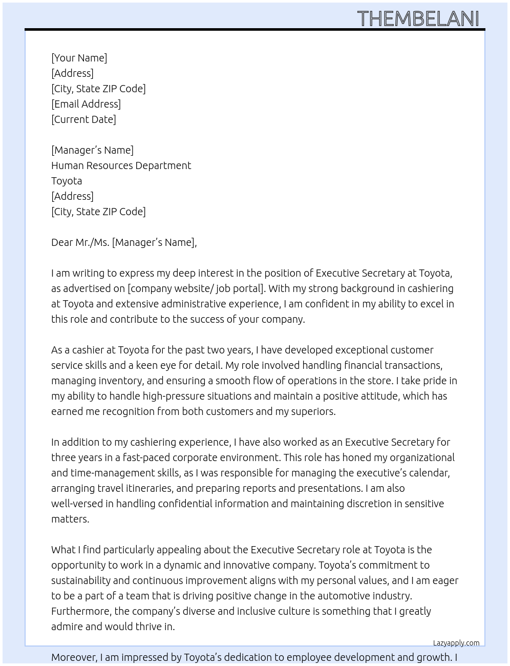 Executive secretary  At Toyota  Cover Letter