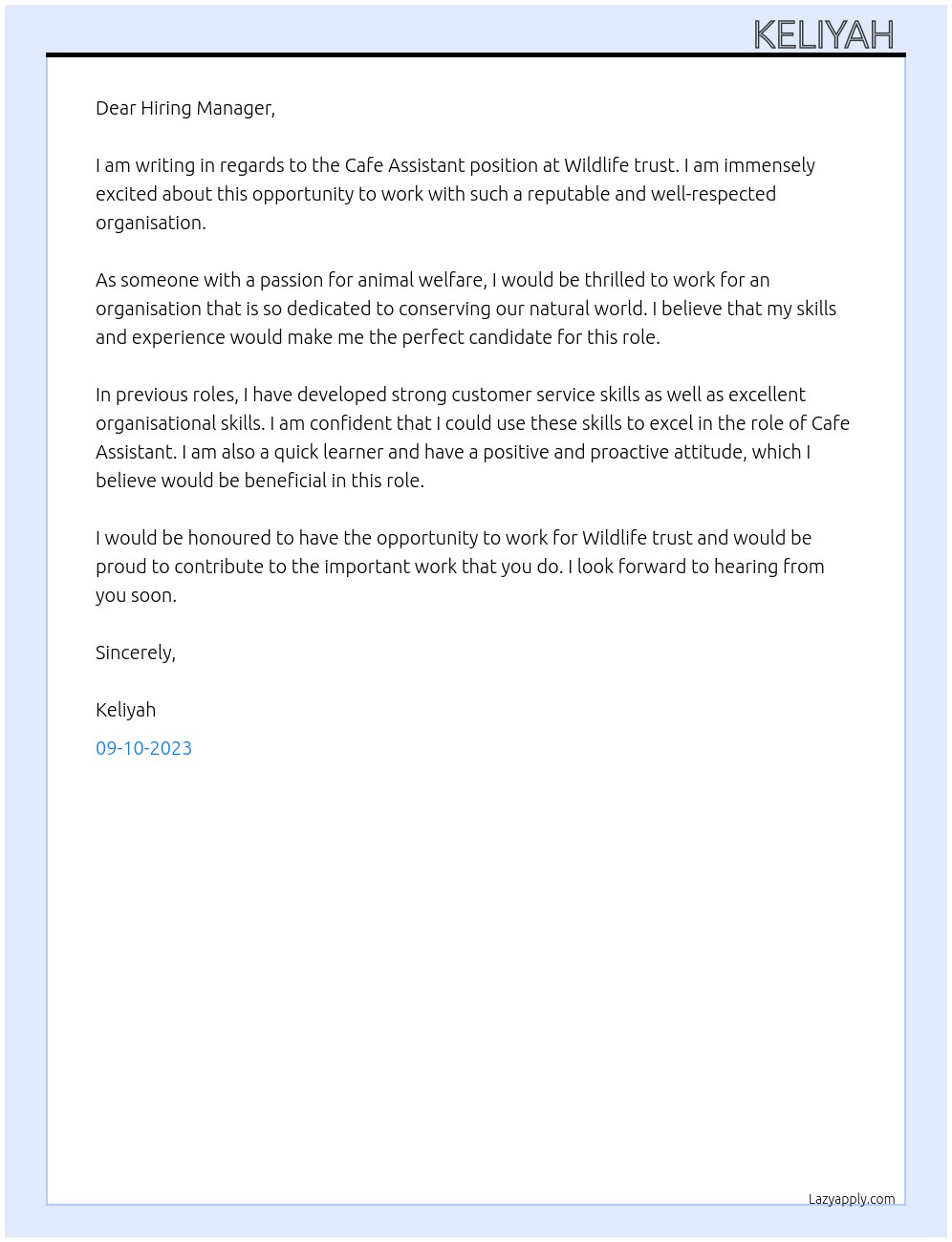 Cafe Assistant  At Wildlife trust  Cover Letter