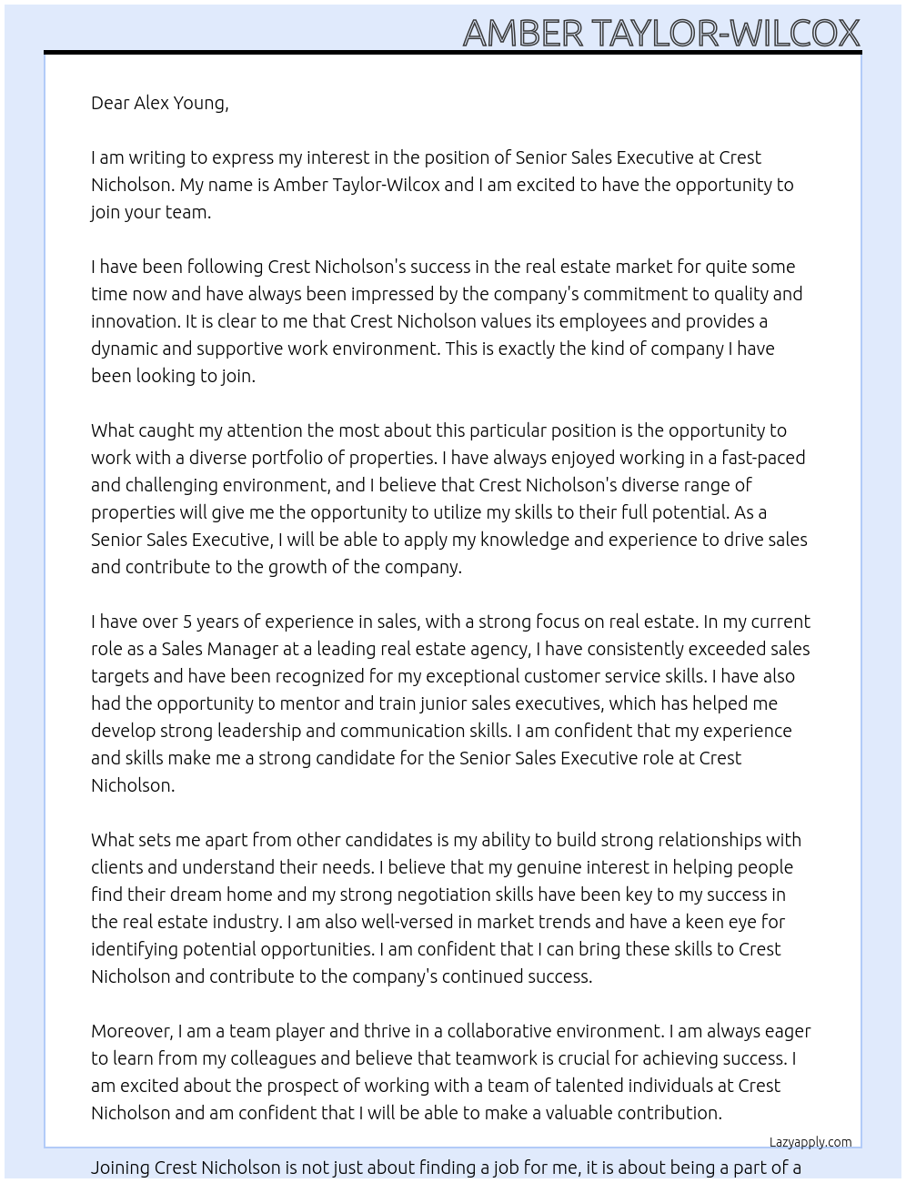 Senior Sales Executive At Crest Nicholson Cover Letter