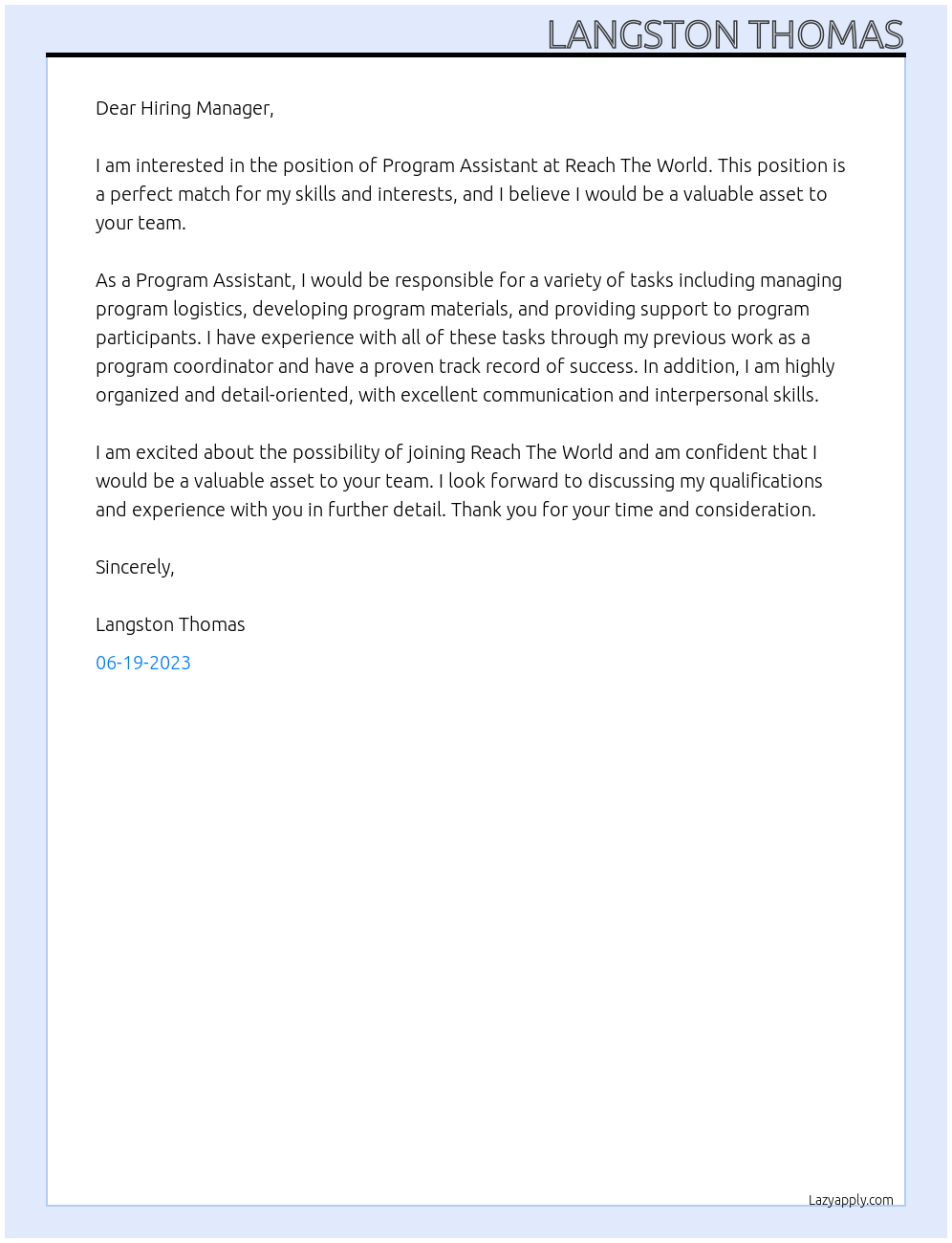 Program Assistant At Reach The World Cover Letter