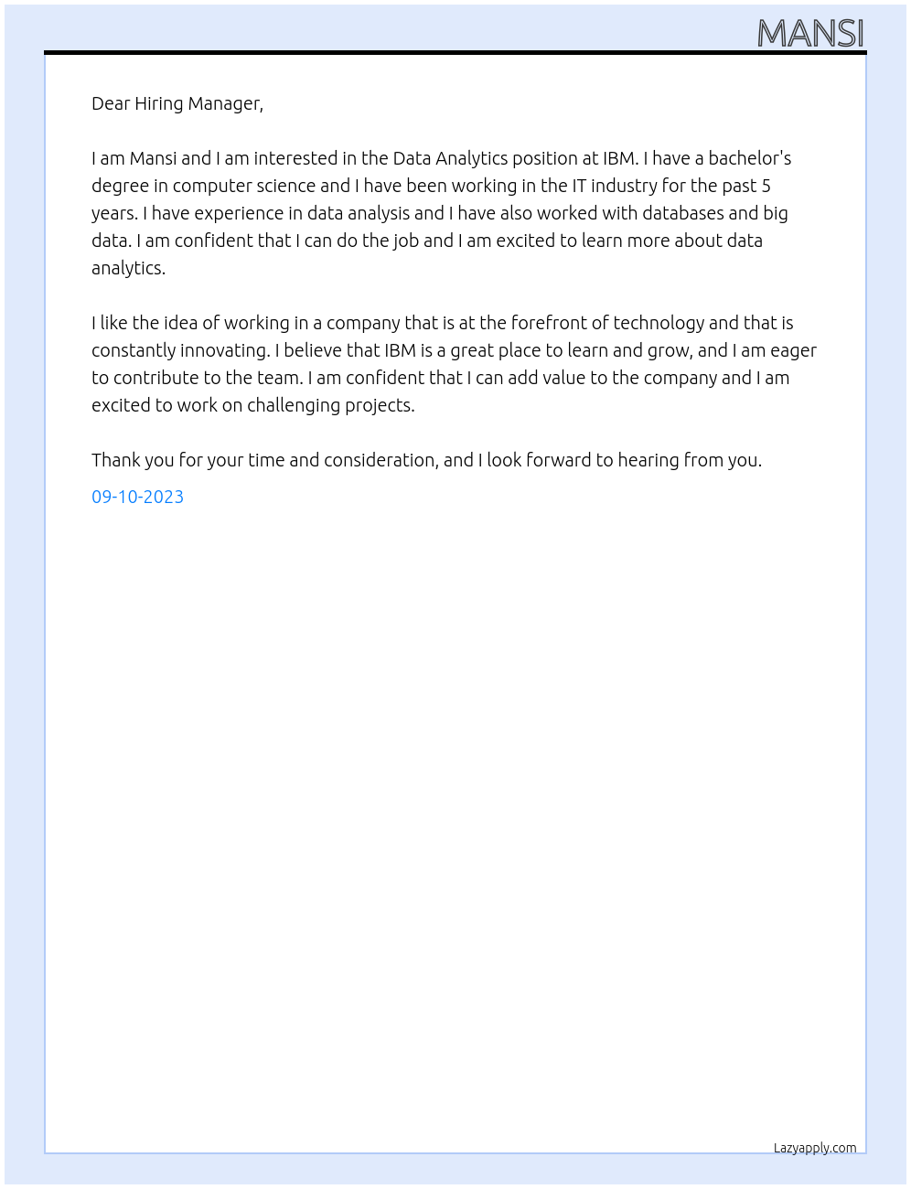 data analytics At ibm Cover Letter