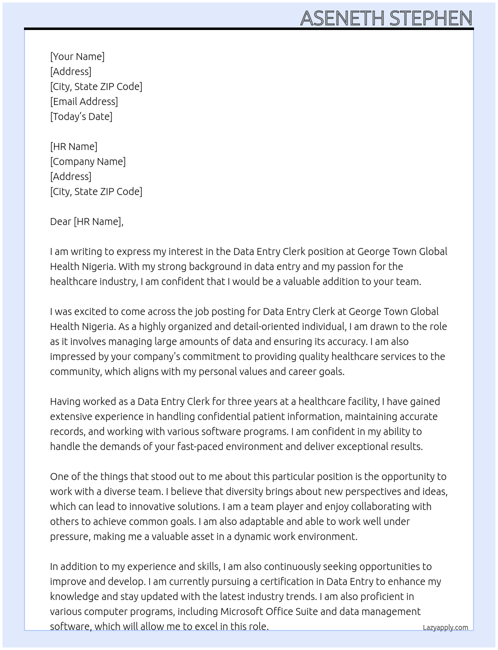 Data Entry Clerk At GEORGE TOWN GLOBAL HEALTH NIGERIA Cover Letter