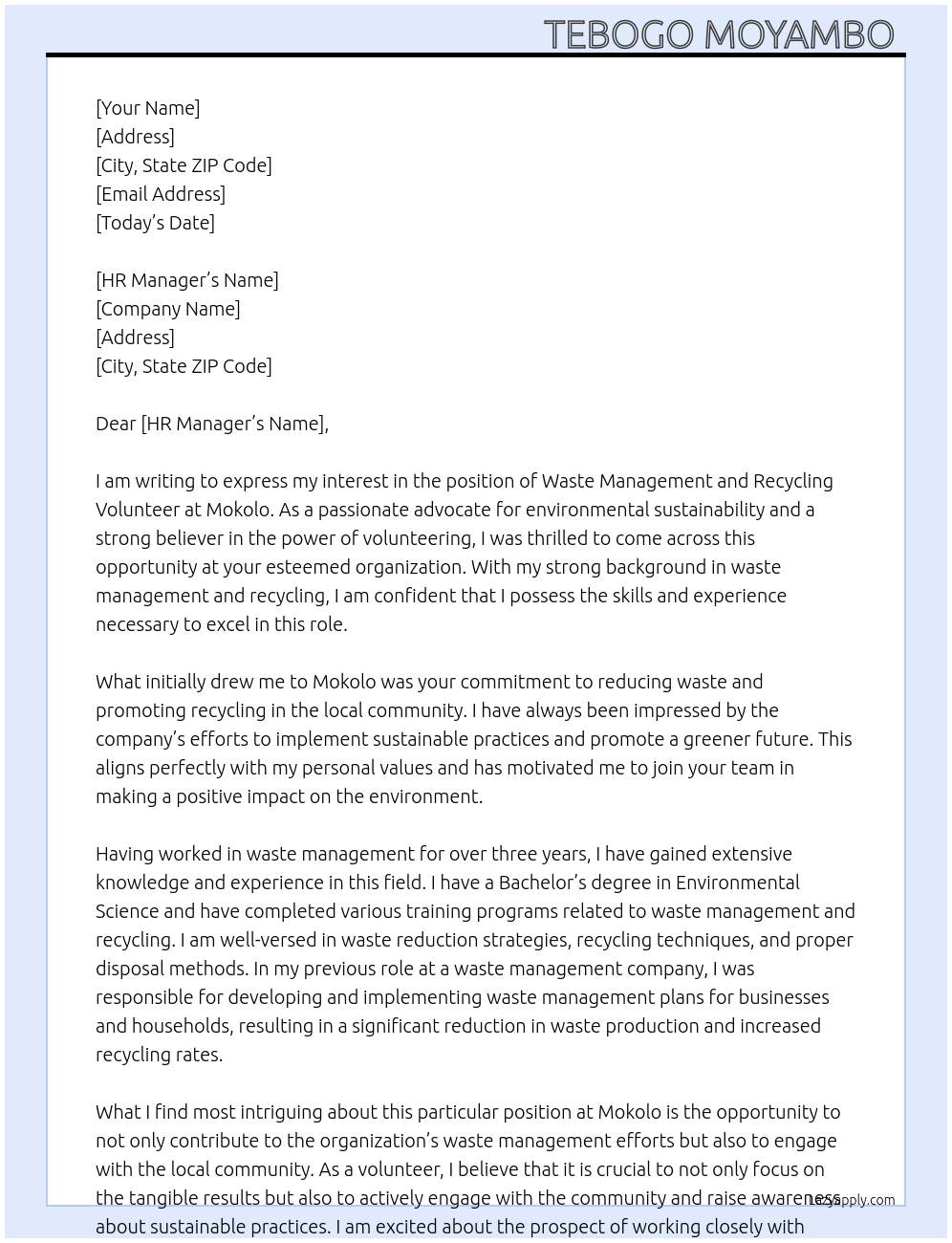 Waste management and recycling volunteer  At Mokolo Cover Letter