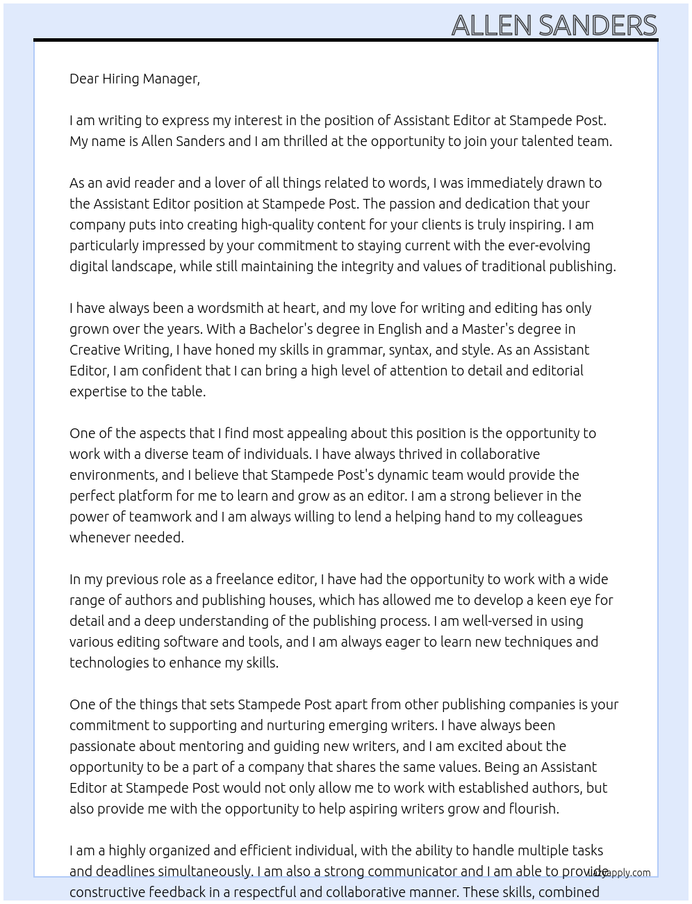 Assistant Editor At Stampede Post Cover Letter
