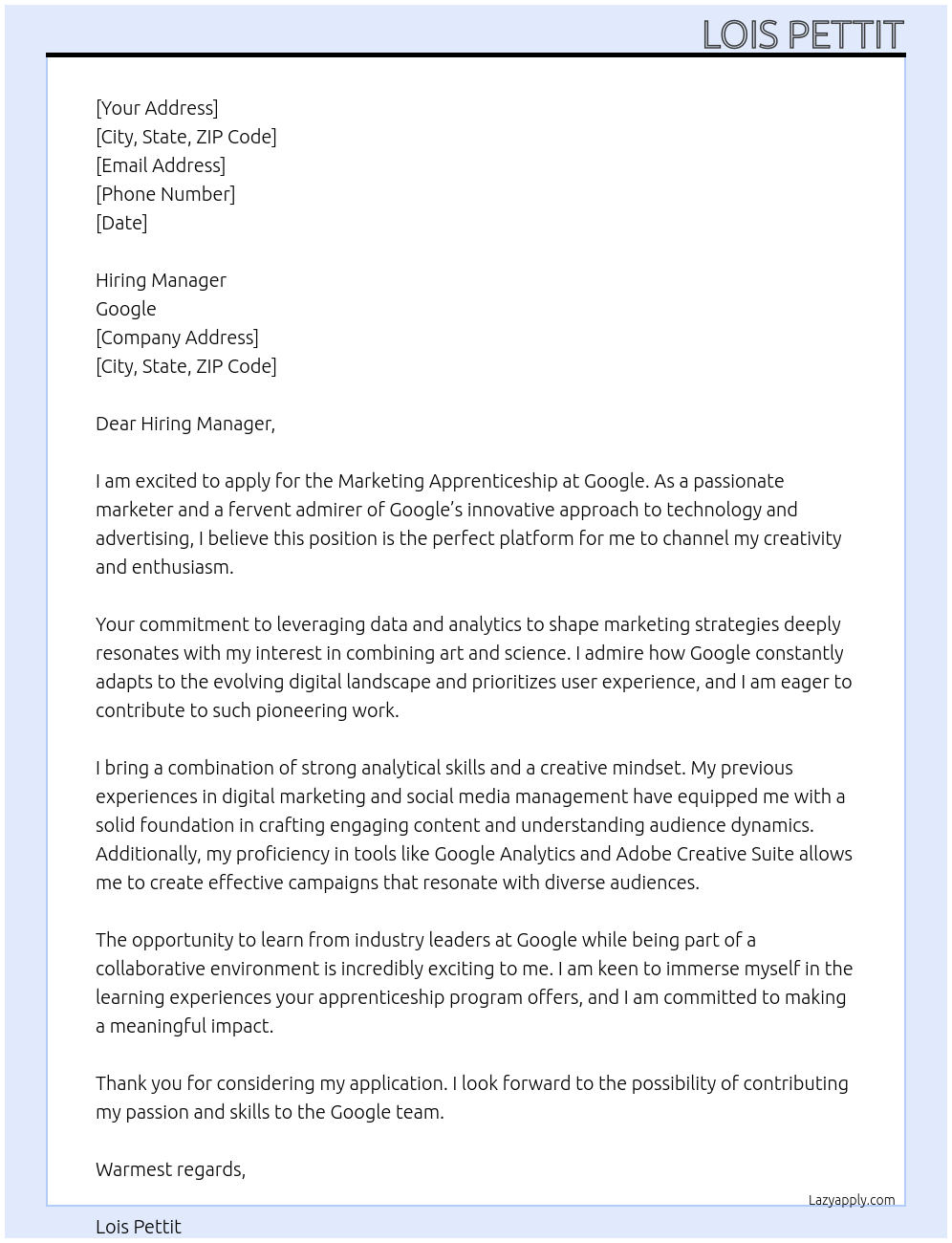 Marketing apprenticeship At google Cover Letter