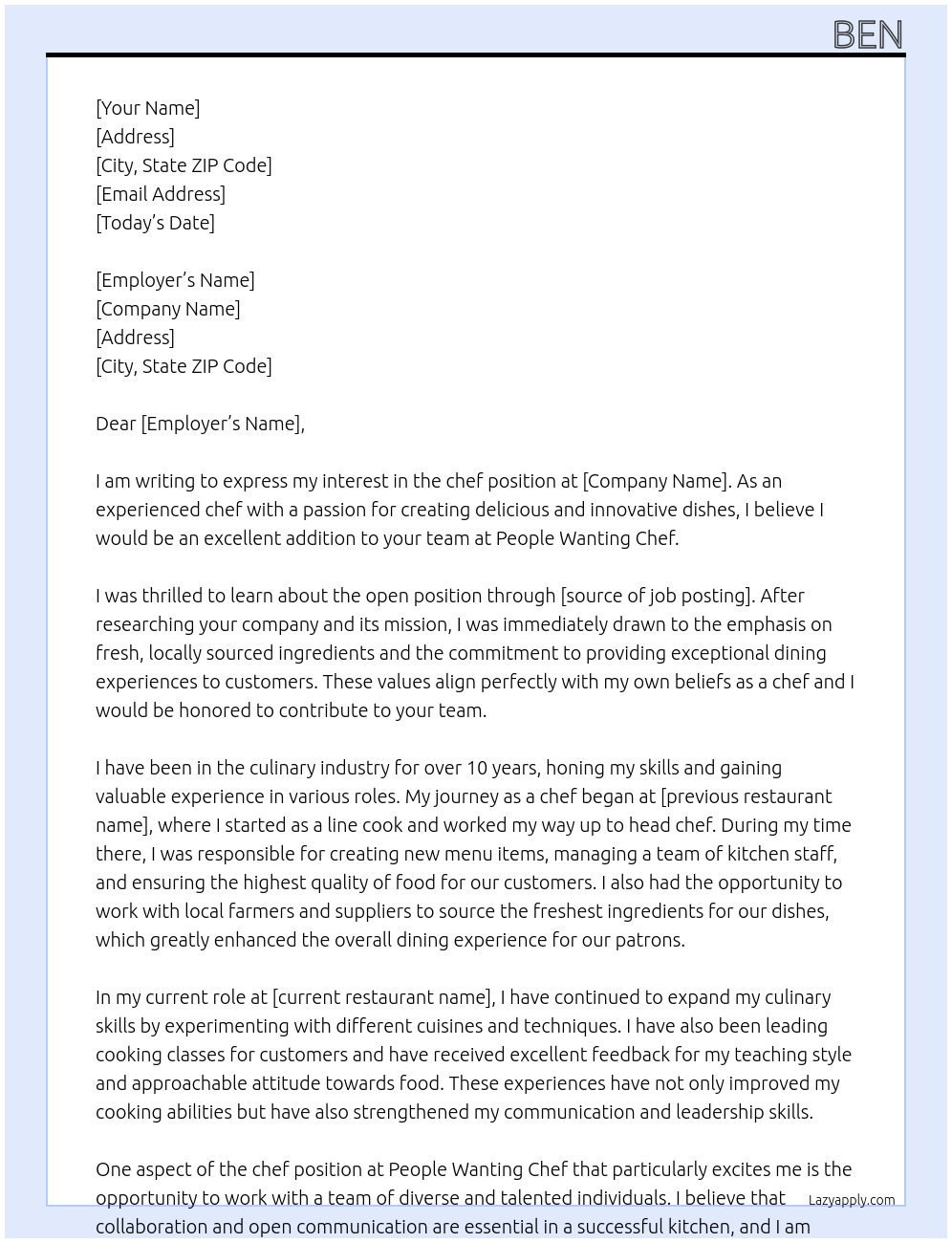 chef At People wanting chef Cover Letter