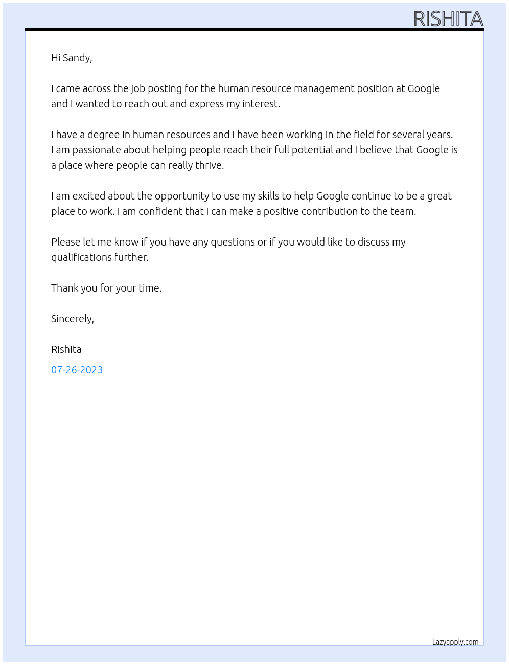 human resource management At google Cover Letter