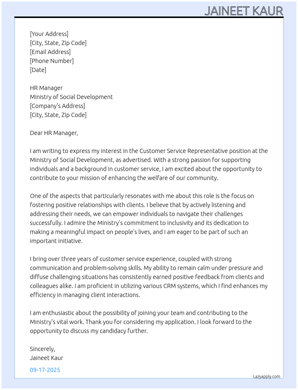 Customer Service Representative At Ministry of Social Development Cover Letter