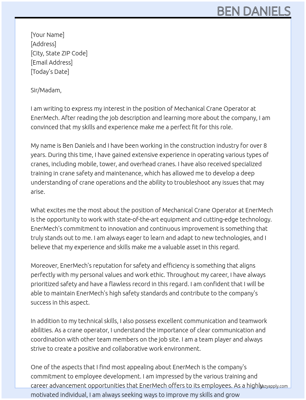 mechanical crane operator  At EnerMech  Cover Letter