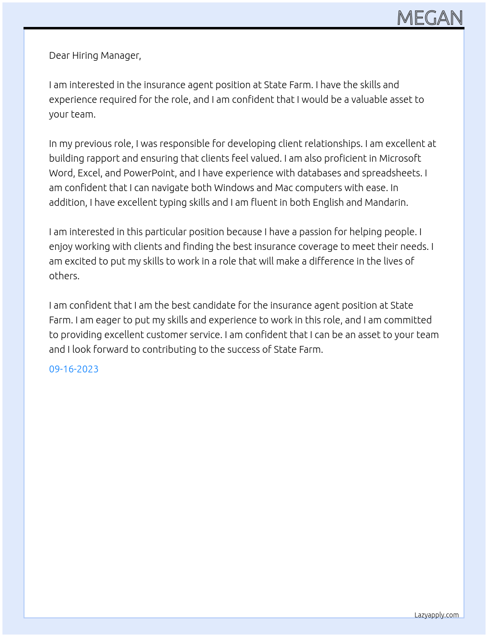 Insurance agent At State Farm Cover Letter