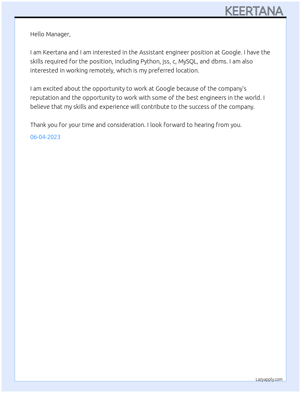 Assistant engineer At Google Cover Letter
