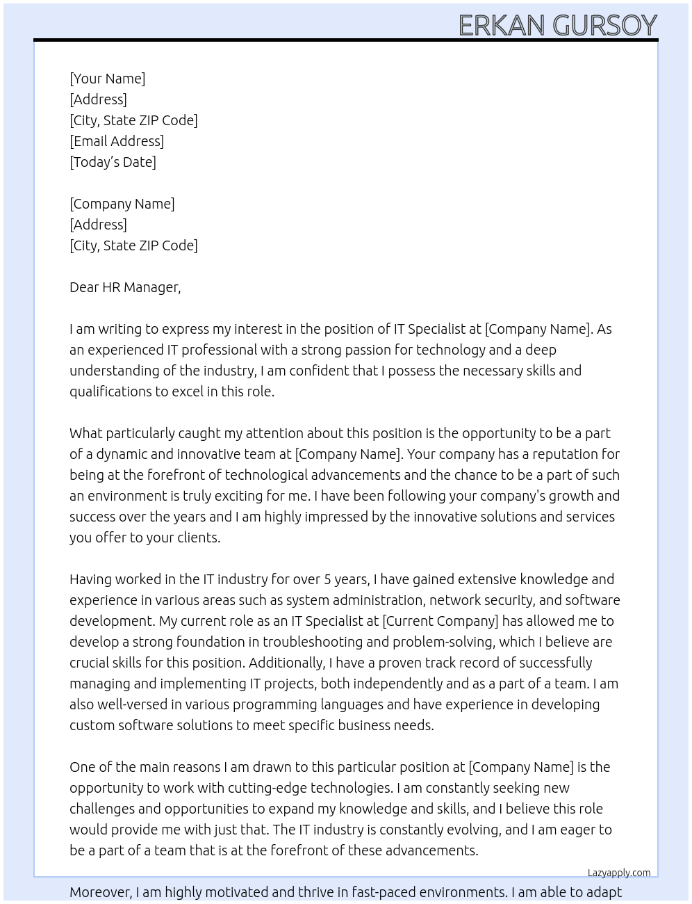 IT Specialist At None Cover Letter