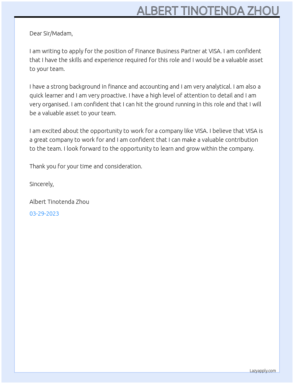 Finance Business Partner At VISA Cover Letter