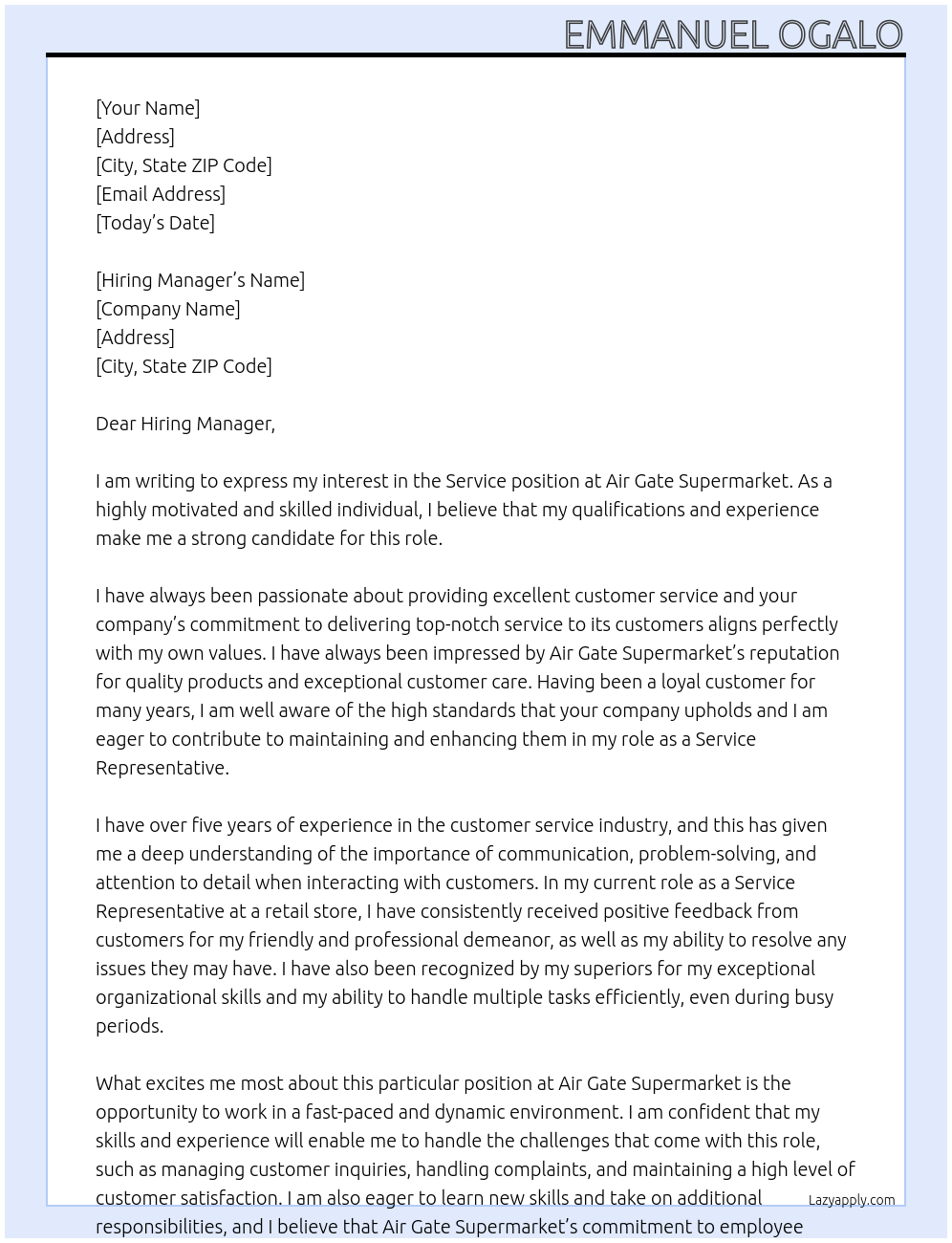 service At AIR GATE SUPERMARKET Cover Letter