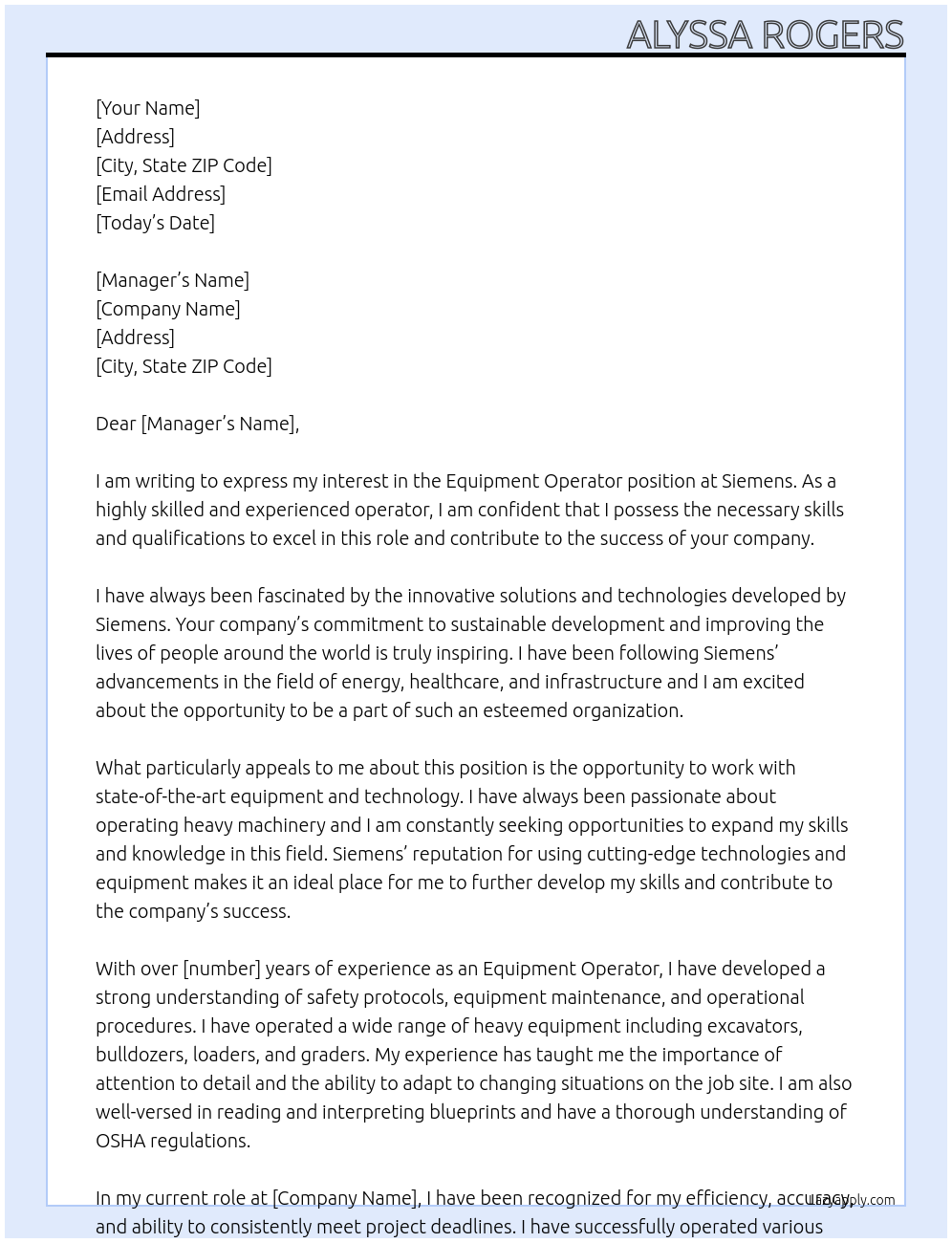 Equipment Operator At Siemens Cover Letter