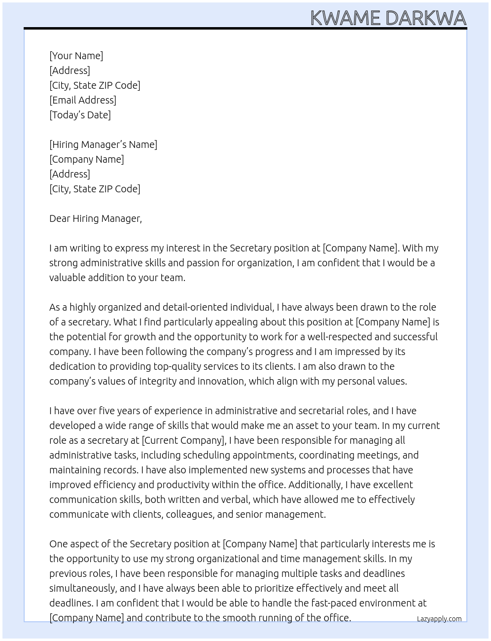 secretary At company Cover Letter