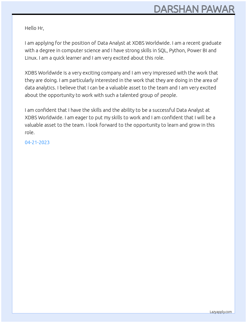 Data Analyst fresher At XDBS Worldwide Cover Letter