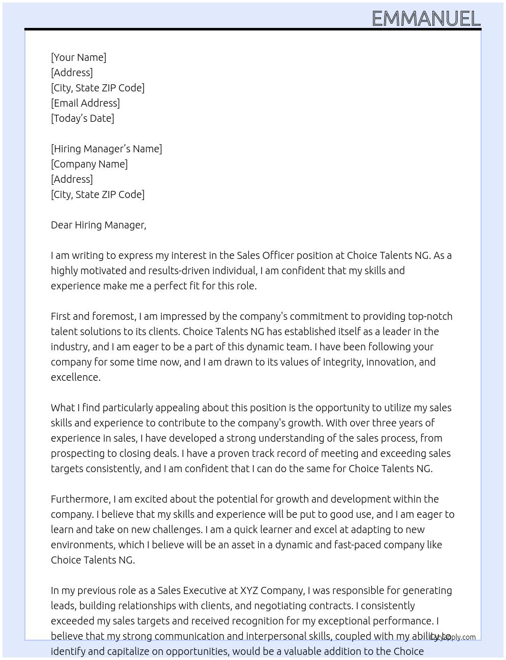 Sales Officer At Choice talents NG Cover Letter