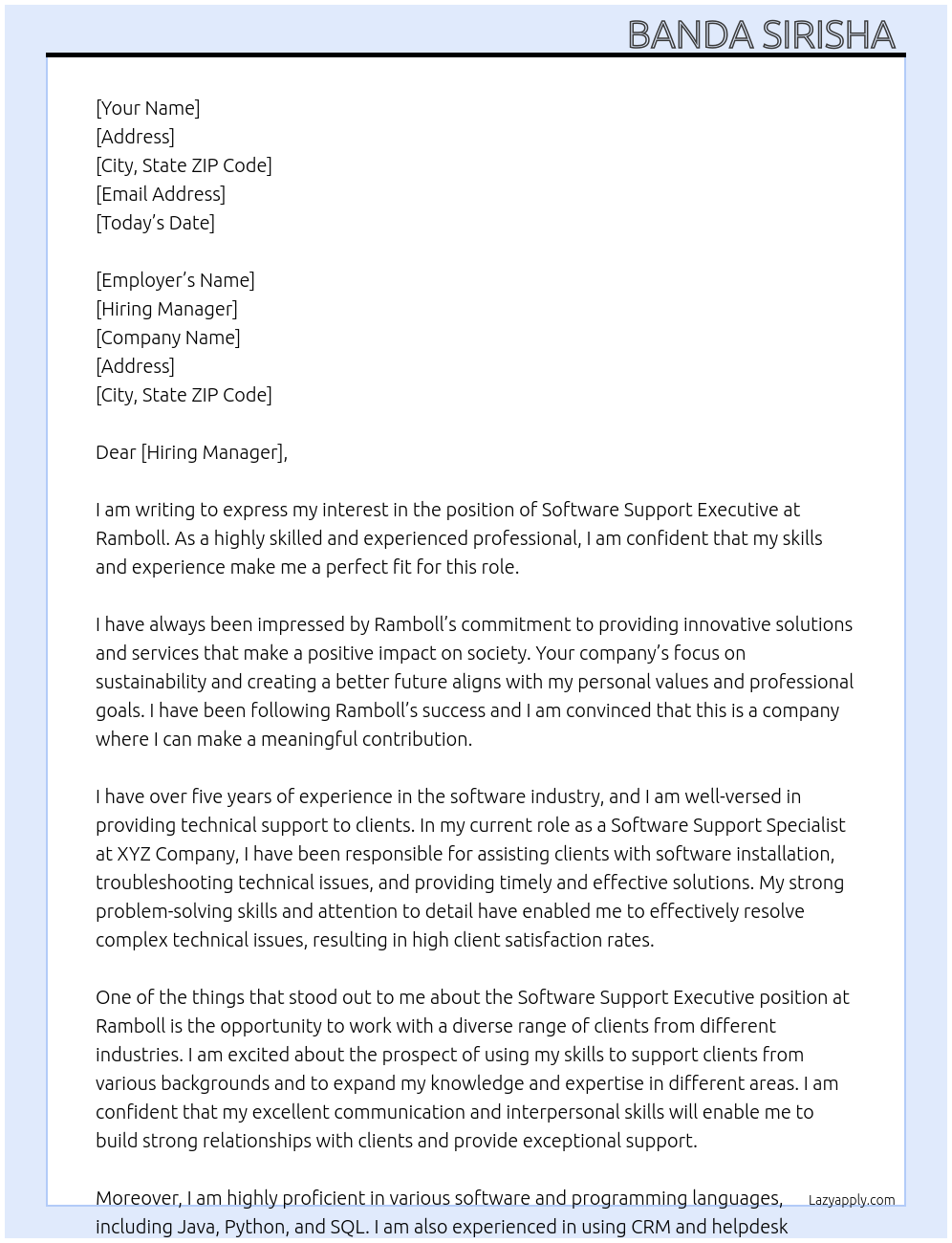 Software support Executive  At Ramboll Cover Letter