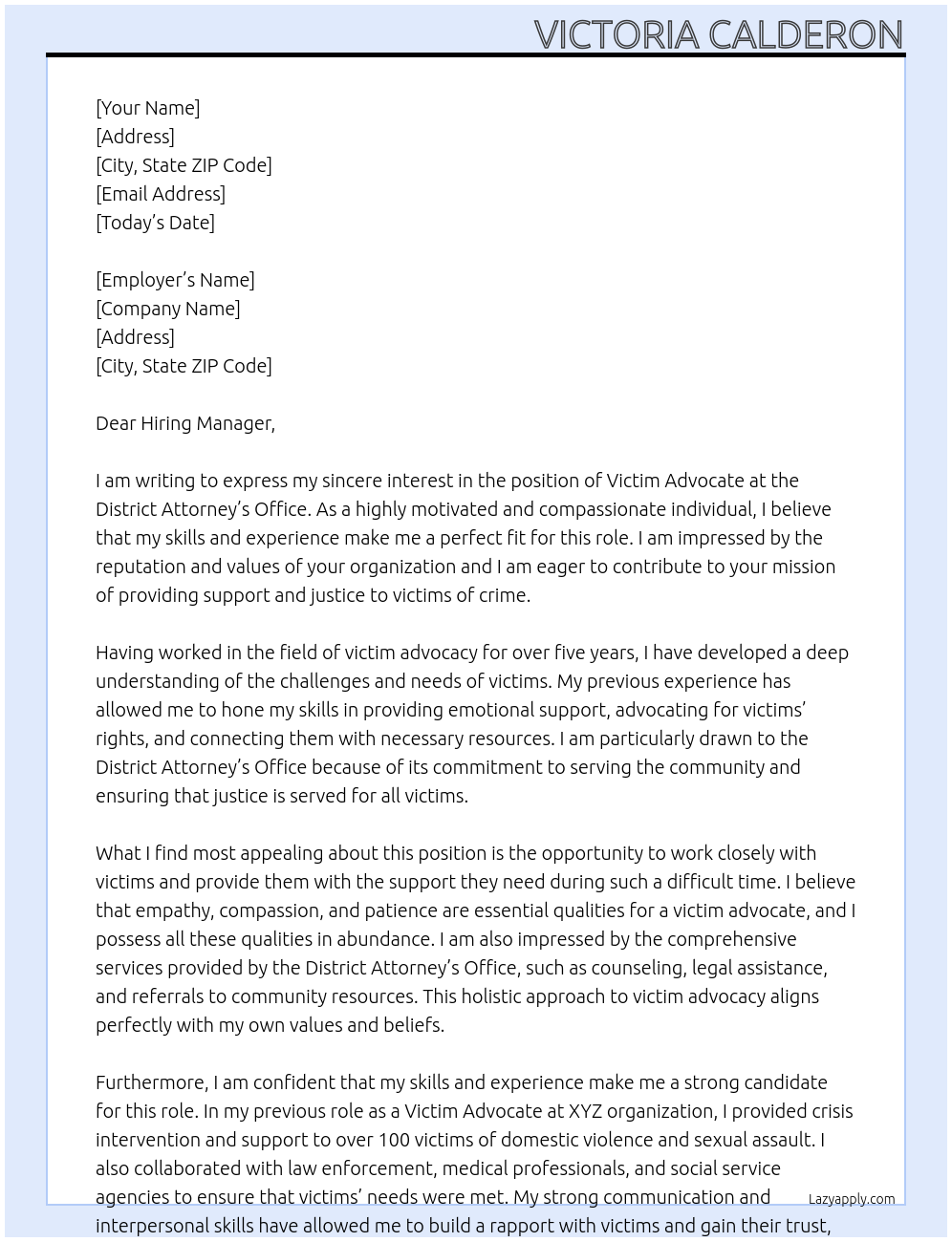 Victim Advocate At District Attorney's Office  Cover Letter