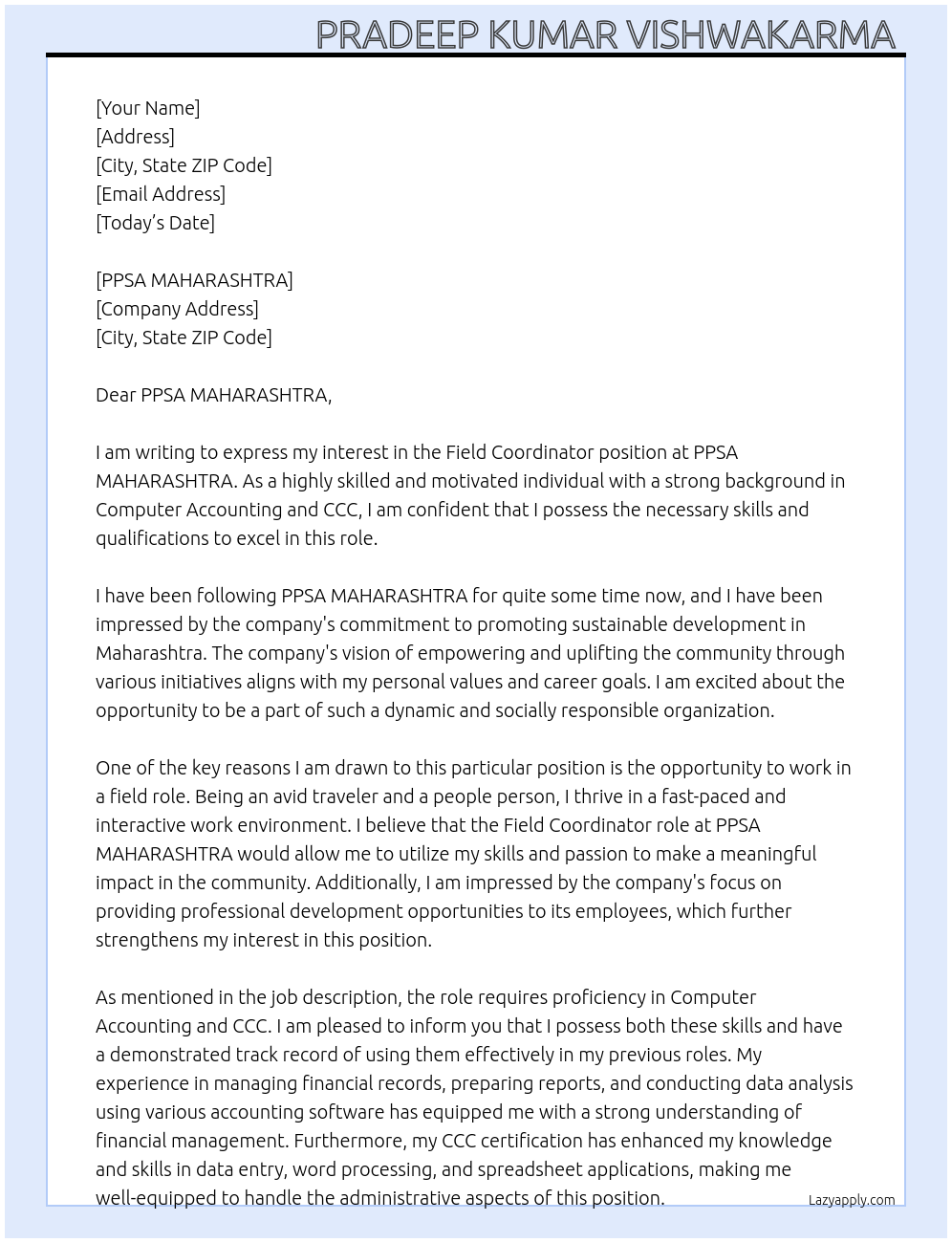 Field Coordinator  At PPSA MAHARASHTRA  Cover Letter