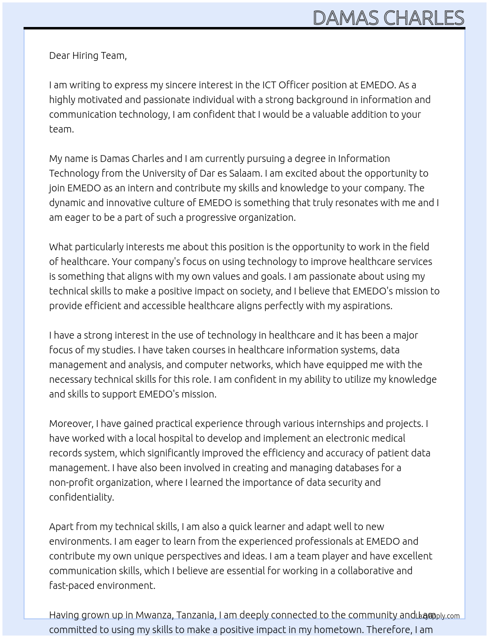 ICT Officer At EMEDO Cover Letter