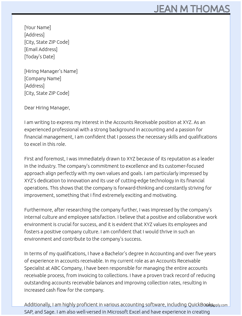 Accounts Receivable At XYZ Cover Letter