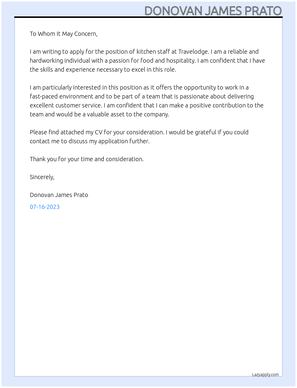 kitchen staff At Travelodge Cover Letter